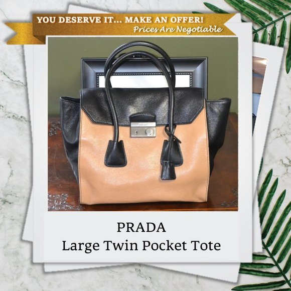 Prada Handbags - Prada Glacè Calf Large Twin Pocket Tote